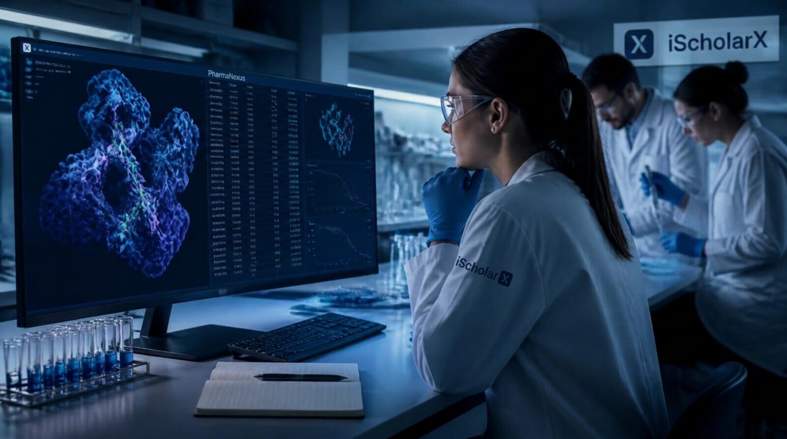 Researcher reviewing program data on screen while colleagues work at the laboratory bench