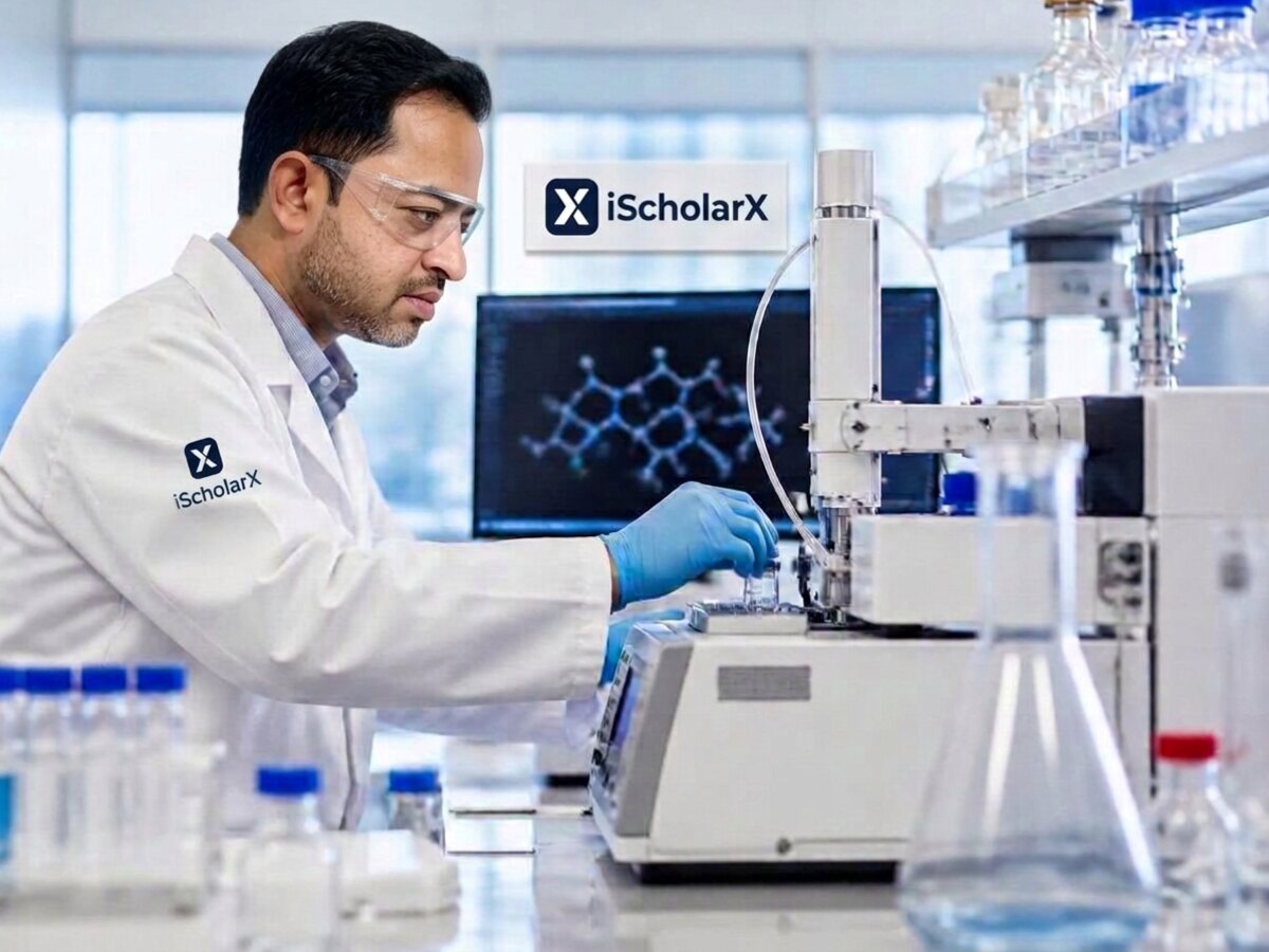 iScholarX scientist running an analytical instrument beside a molecular structure on screen