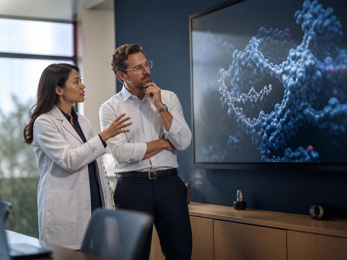 Two iScholarX scientists discussing molecular structure data on a meeting-room display